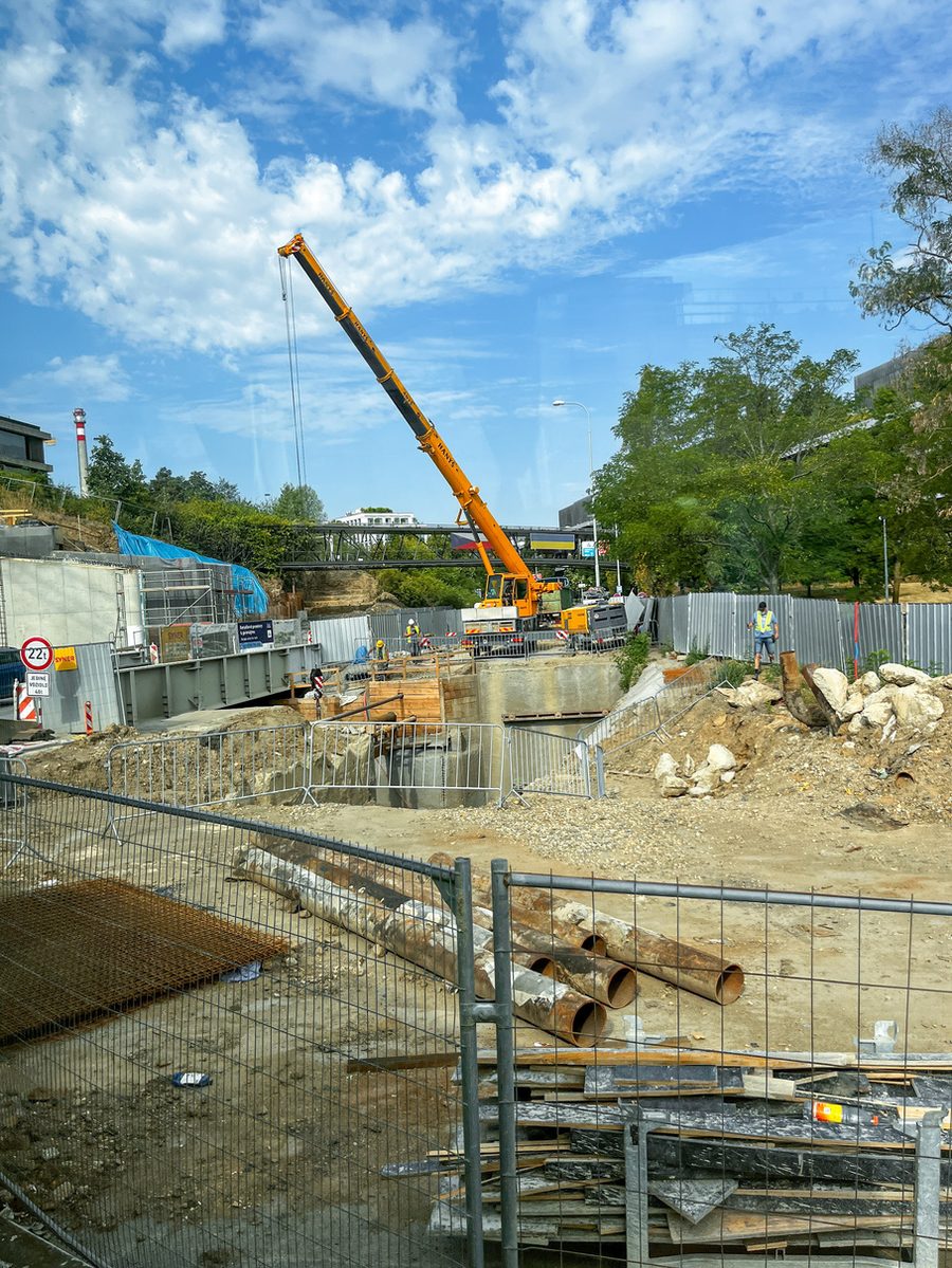 Foundation excavation with a crane on a civil site
